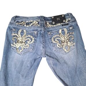MISS ME Blue Denim Jeans Sz 28 JE5736BN Boot Cut Inseam 29 Fleur-De-Lis